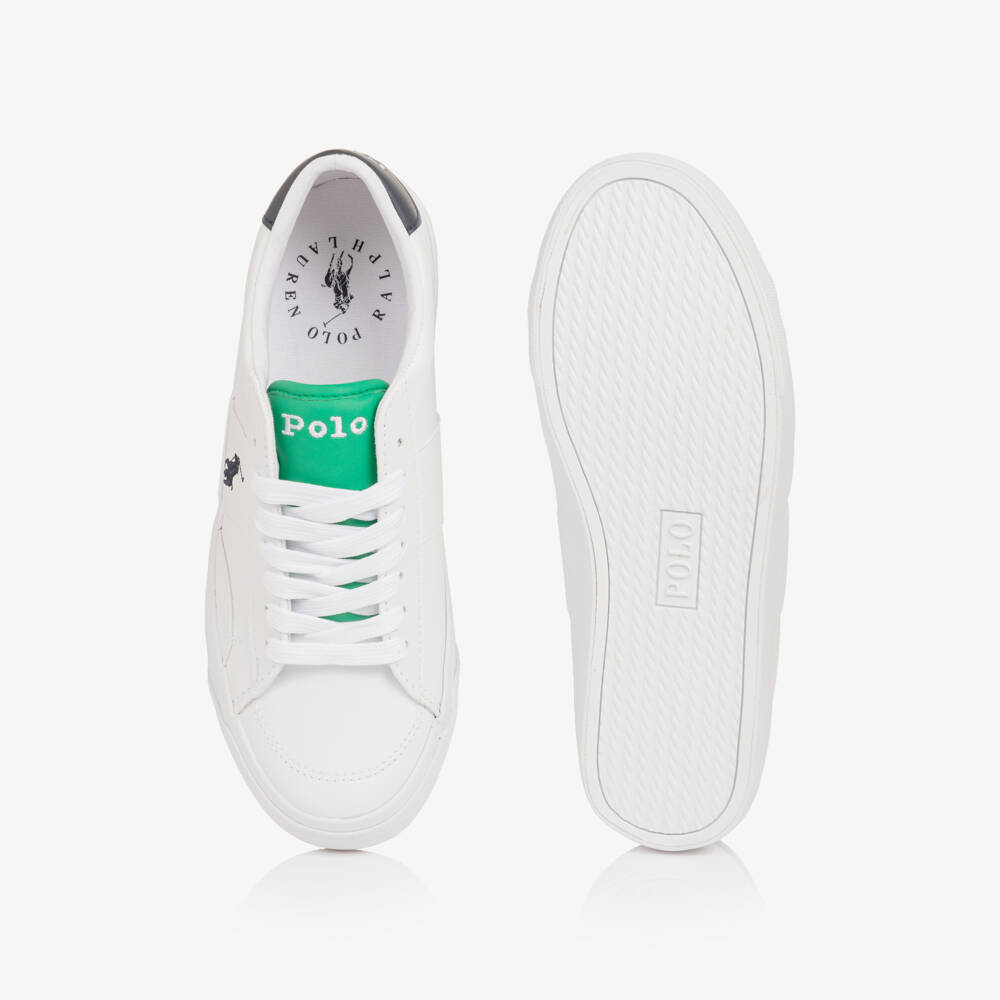 Ralph Lauren-Boys White & Green Faux Leather Lace-Up Trainers | Childrensalon Outlet
