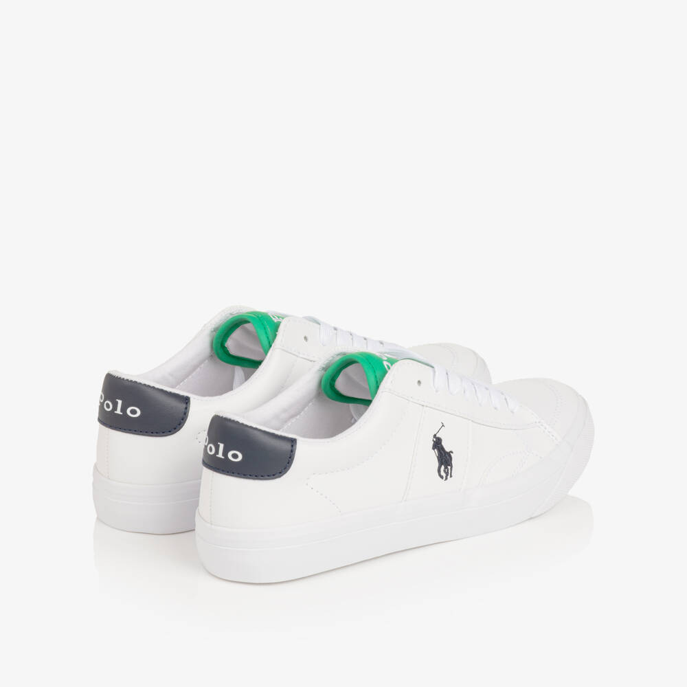 Ralph Lauren-Boys White & Green Faux Leather Lace-Up Trainers | Childrensalon Outlet
