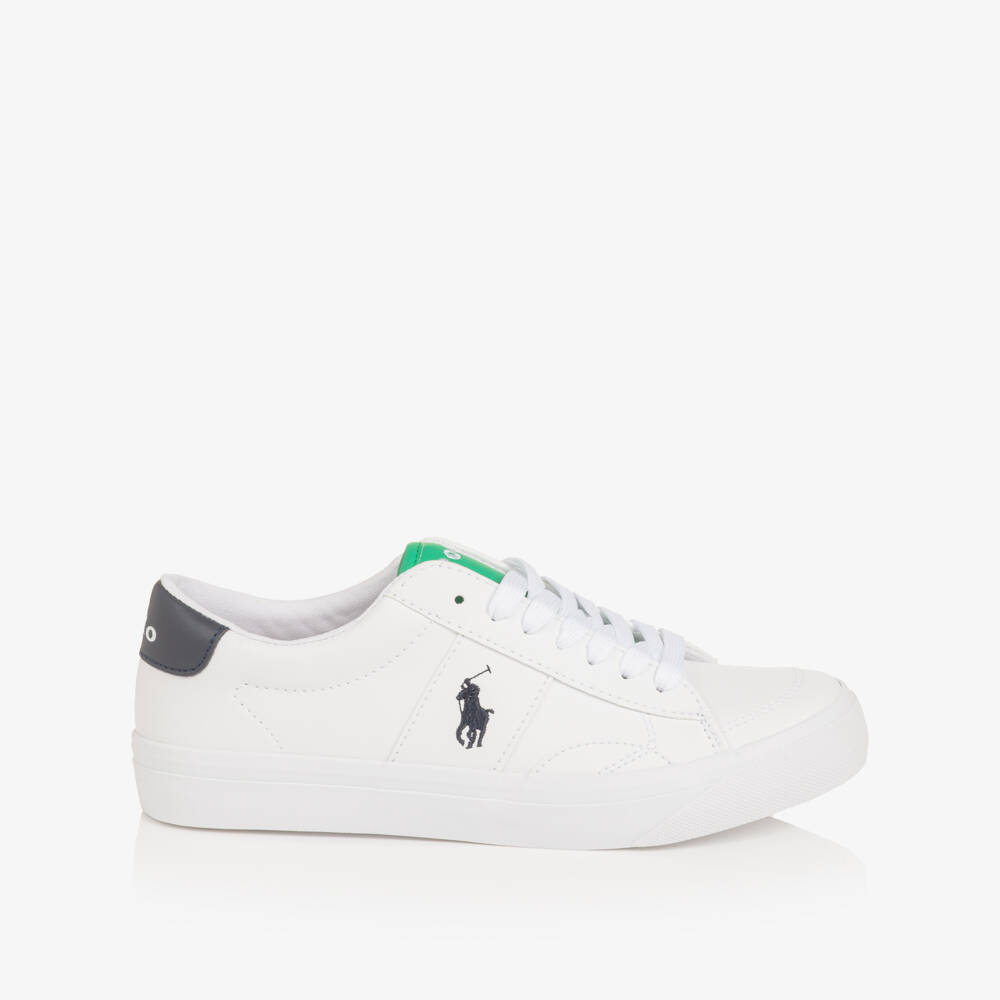 Ralph Lauren-Boys White & Green Faux Leather Lace-Up Trainers | Childrensalon Outlet