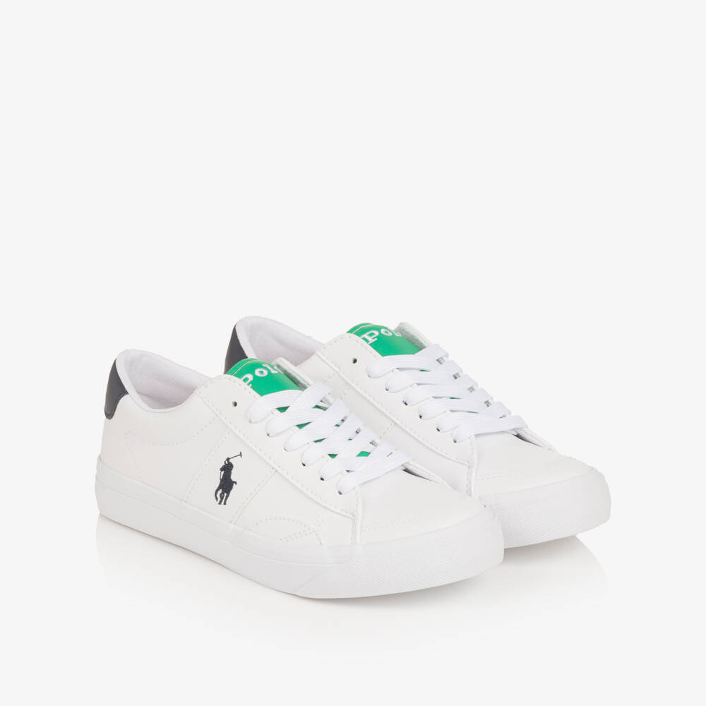 Ralph Lauren-Boys White & Green Faux Leather Lace-Up Trainers | Childrensalon Outlet
