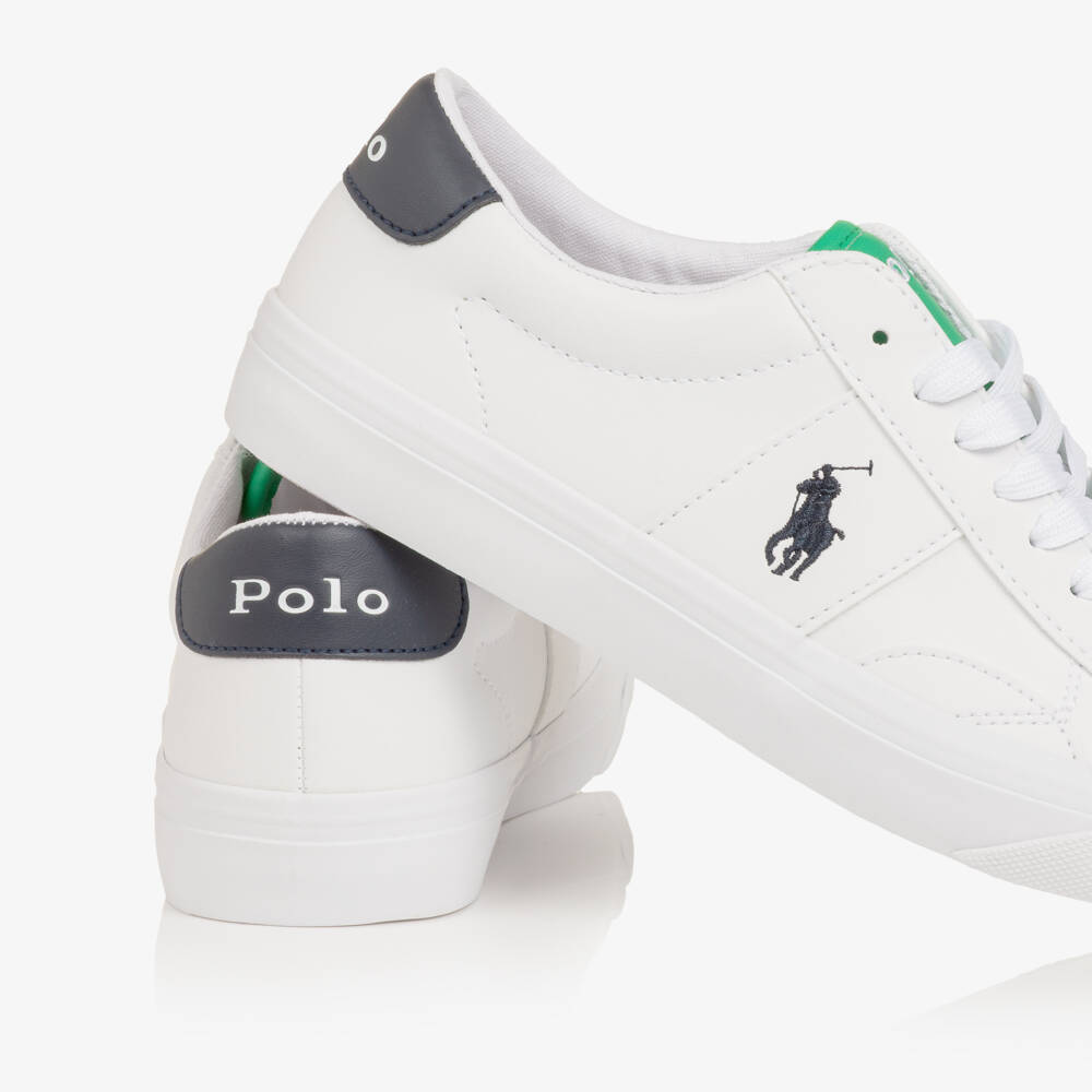Ralph Lauren-Boys White & Green Faux Leather Lace-Up Trainers | Childrensalon Outlet