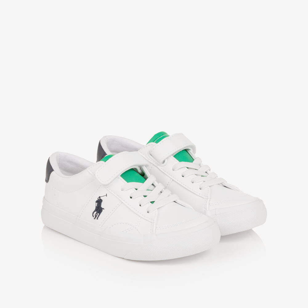 Ralph Lauren-Boys White & Green Faux Leather Velcro Trainers | Childrensalon Outlet
