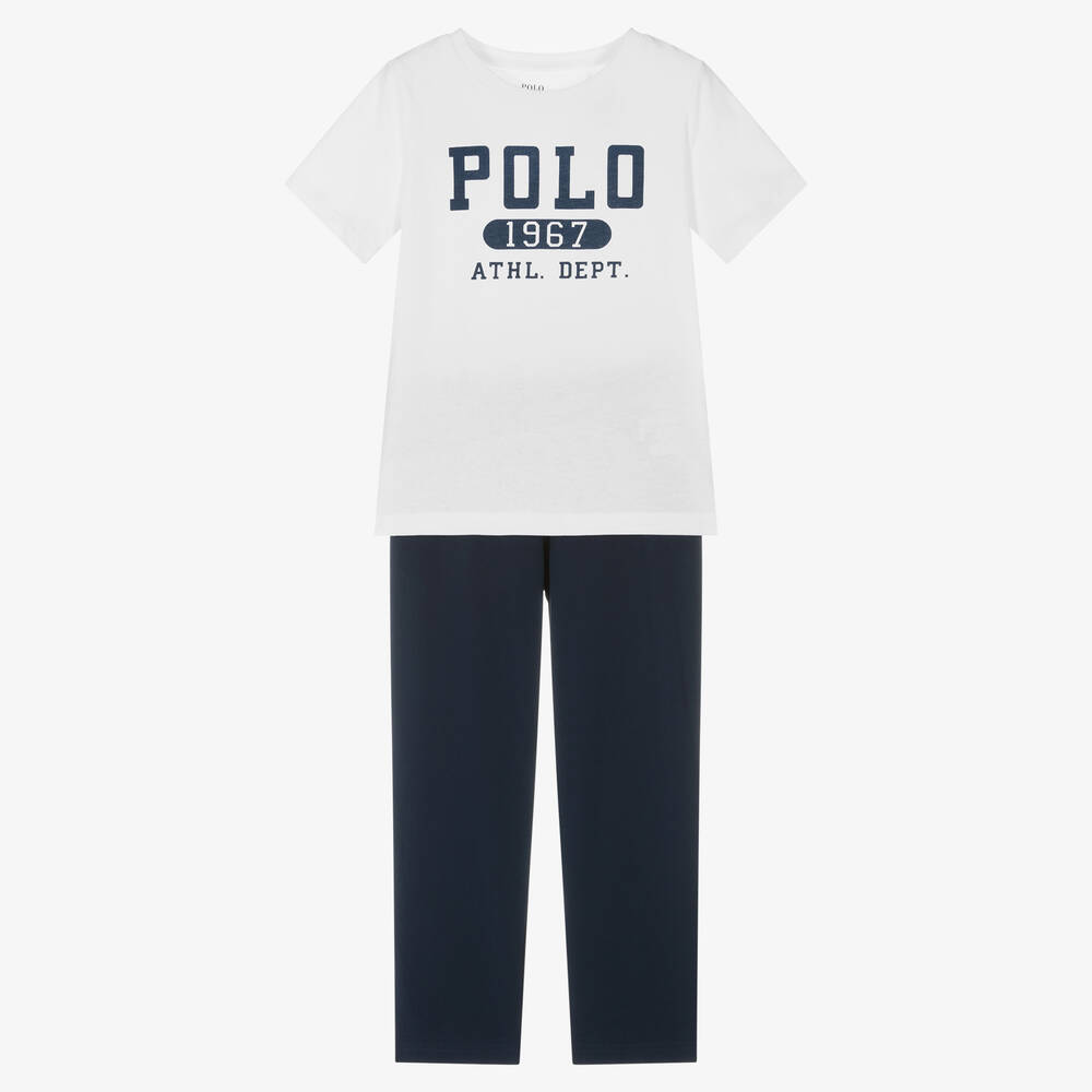 Ralph Lauren - Boys White & Navy Blue Cotton Pyjamas | Childrensalon