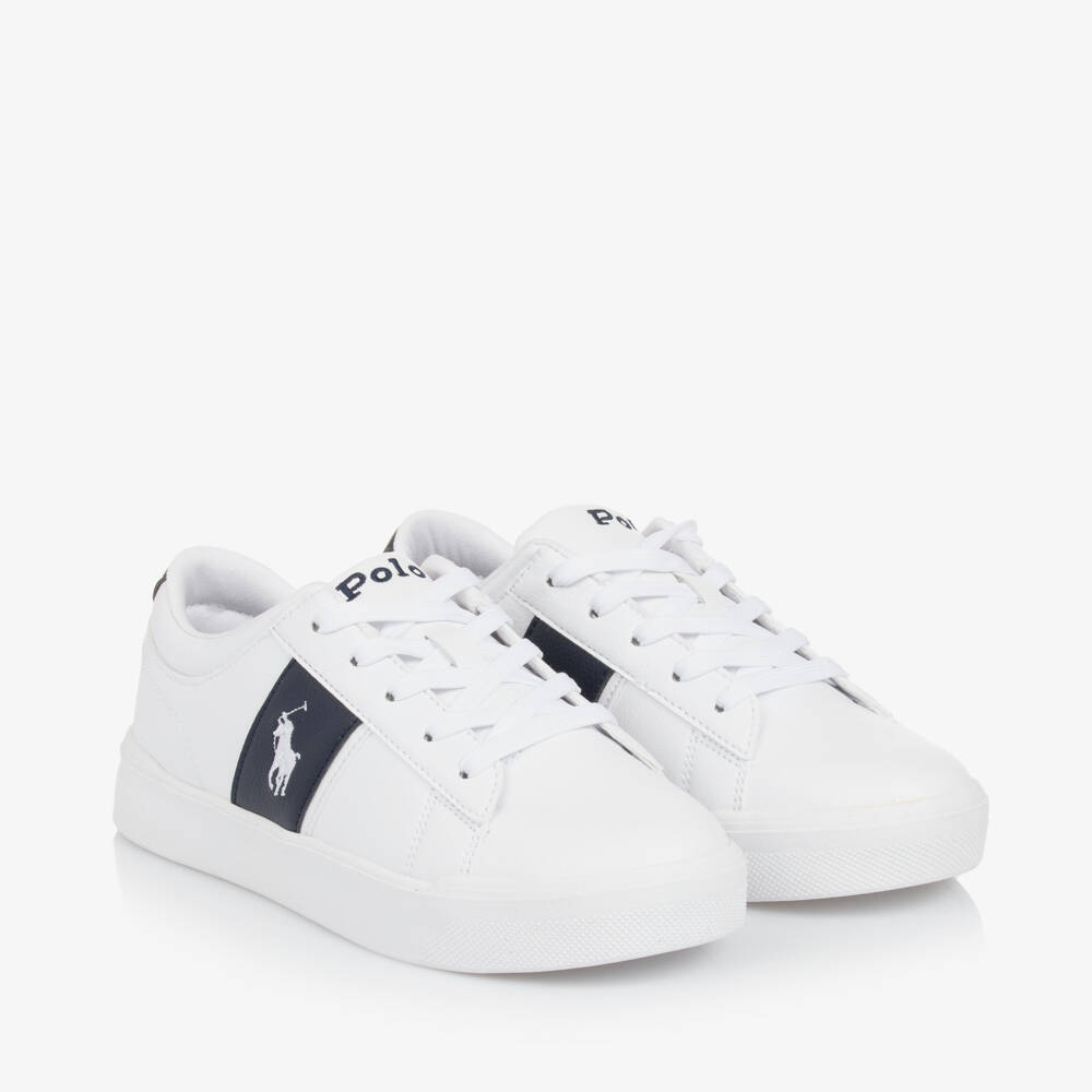 Ralph Lauren-Boys White Navy Lace Trainers | Childrensalon Outlet