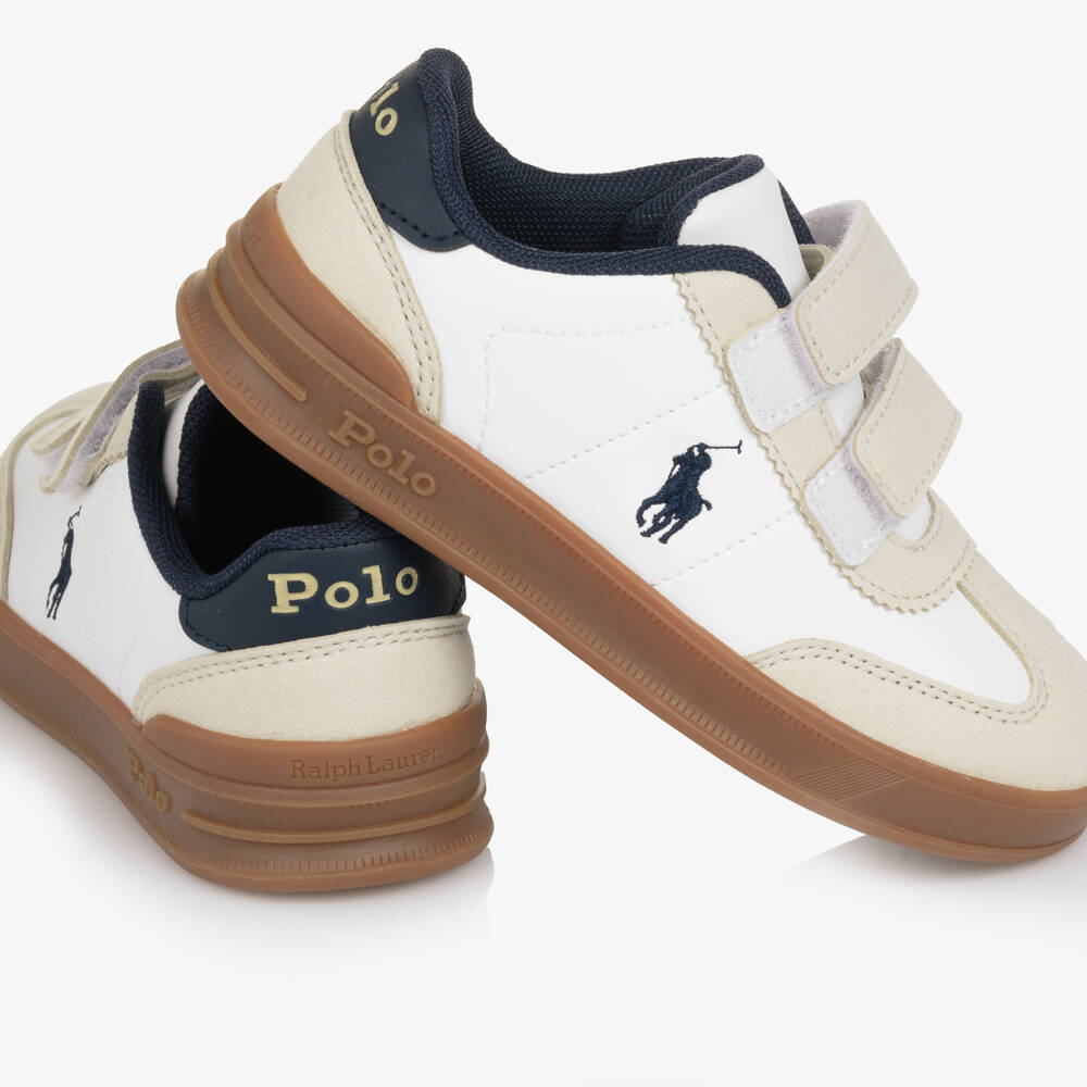Ralph Lauren-Boys White Velcro Trainers with Beige Trims & Pony Logo | Childrensalon Outlet