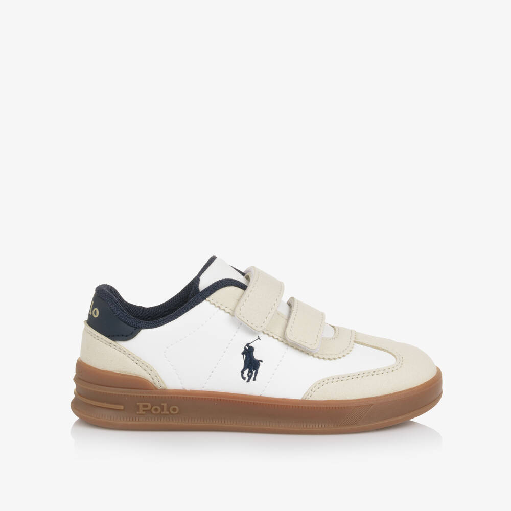 Ralph Lauren-Boys White Velcro Trainers with Beige Trims & Pony Logo | Childrensalon Outlet