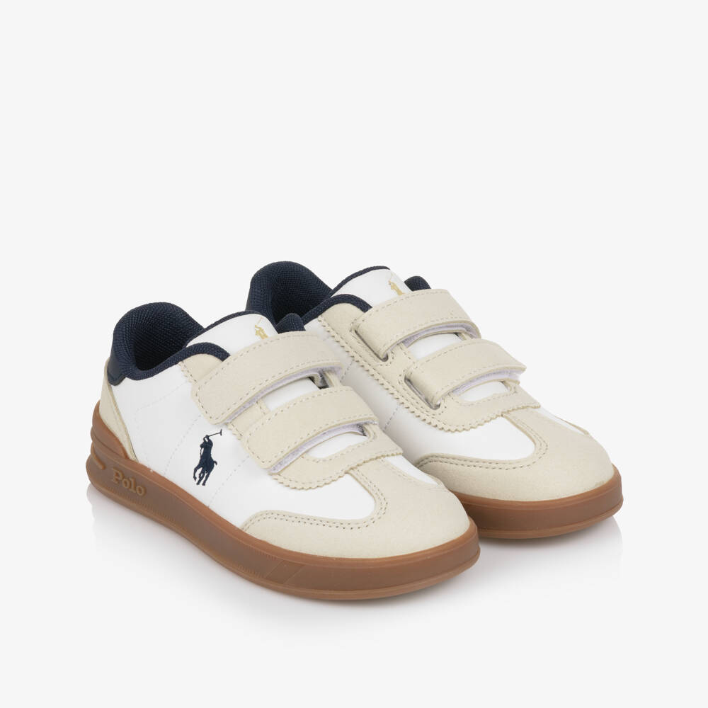 Ralph Lauren-Boys White Velcro Trainers with Beige Trims & Pony Logo | Childrensalon Outlet
