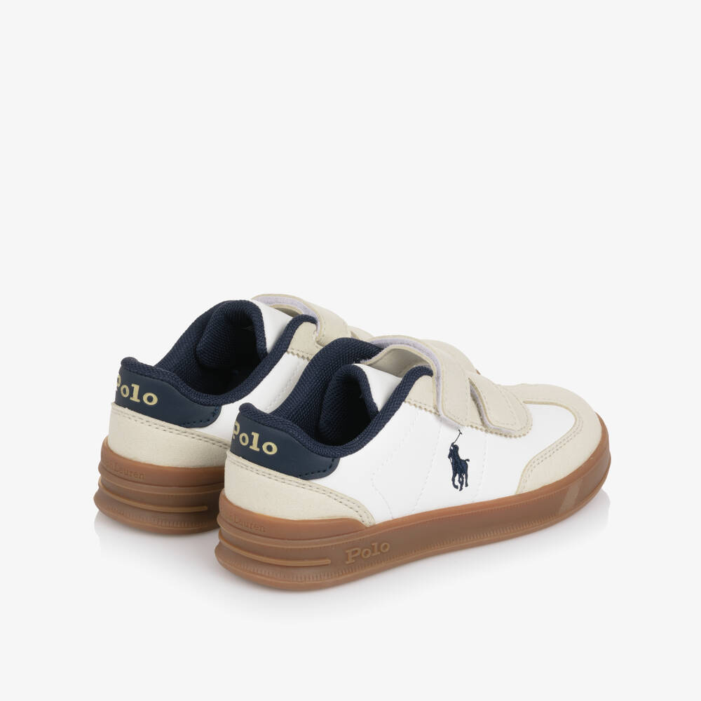 Ralph Lauren-Boys White Velcro Trainers with Beige Trims & Pony Logo | Childrensalon Outlet