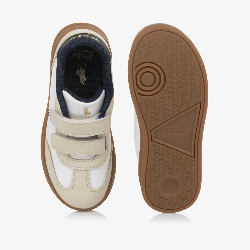 Ralph Lauren-Boys White Velcro Trainers with Beige Trims & Pony Logo | Childrensalon Outlet