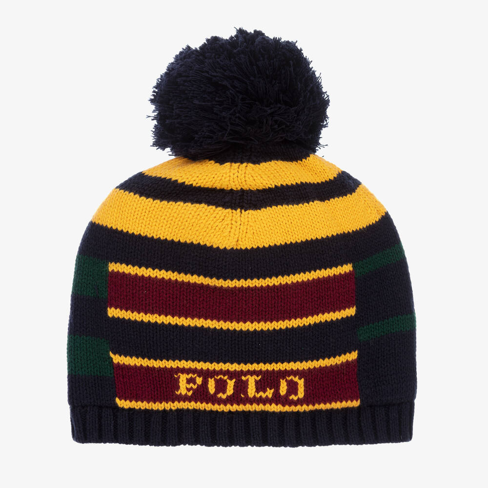 Polo Ralph Lauren - قبعة بيني قطن محبوك لون أصفر وكحلي للأولاد | Childrensalon