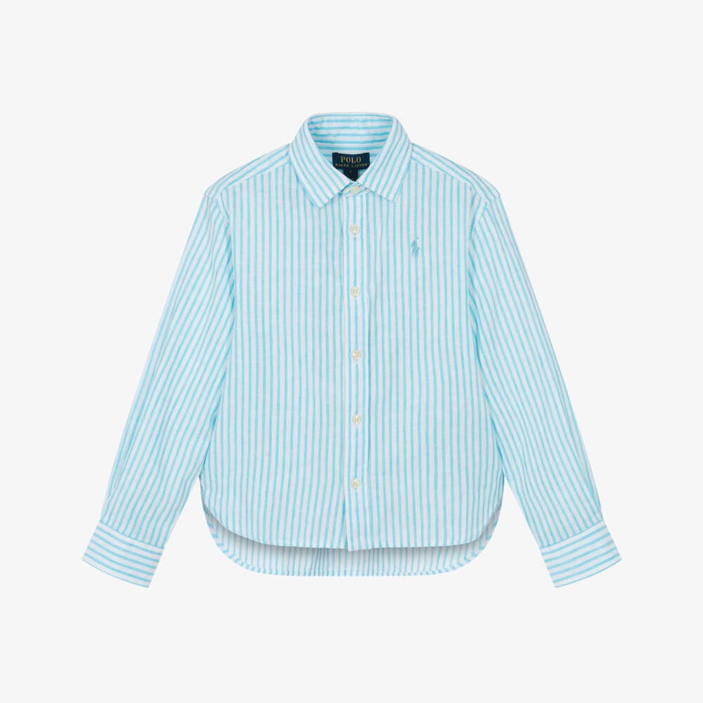 Ralph Lauren-Блузка из льняной смеси для девочек лазурного цвета | Childrensalon Outlet