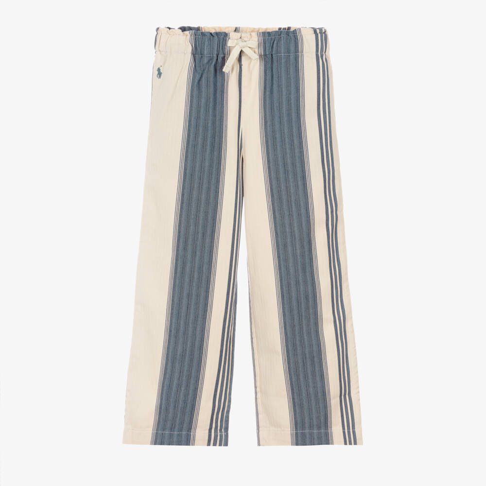 Ralph Lauren-Girls Beige & Blue Striped Cotton Trousers | Childrensalon Outlet
