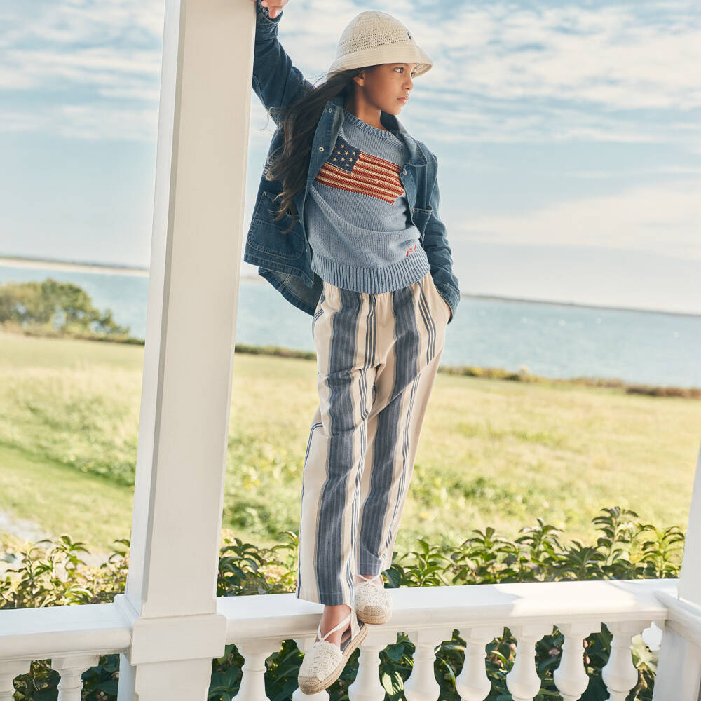 Ralph Lauren-Girls Beige & Blue Striped Cotton Trousers | Childrensalon Outlet