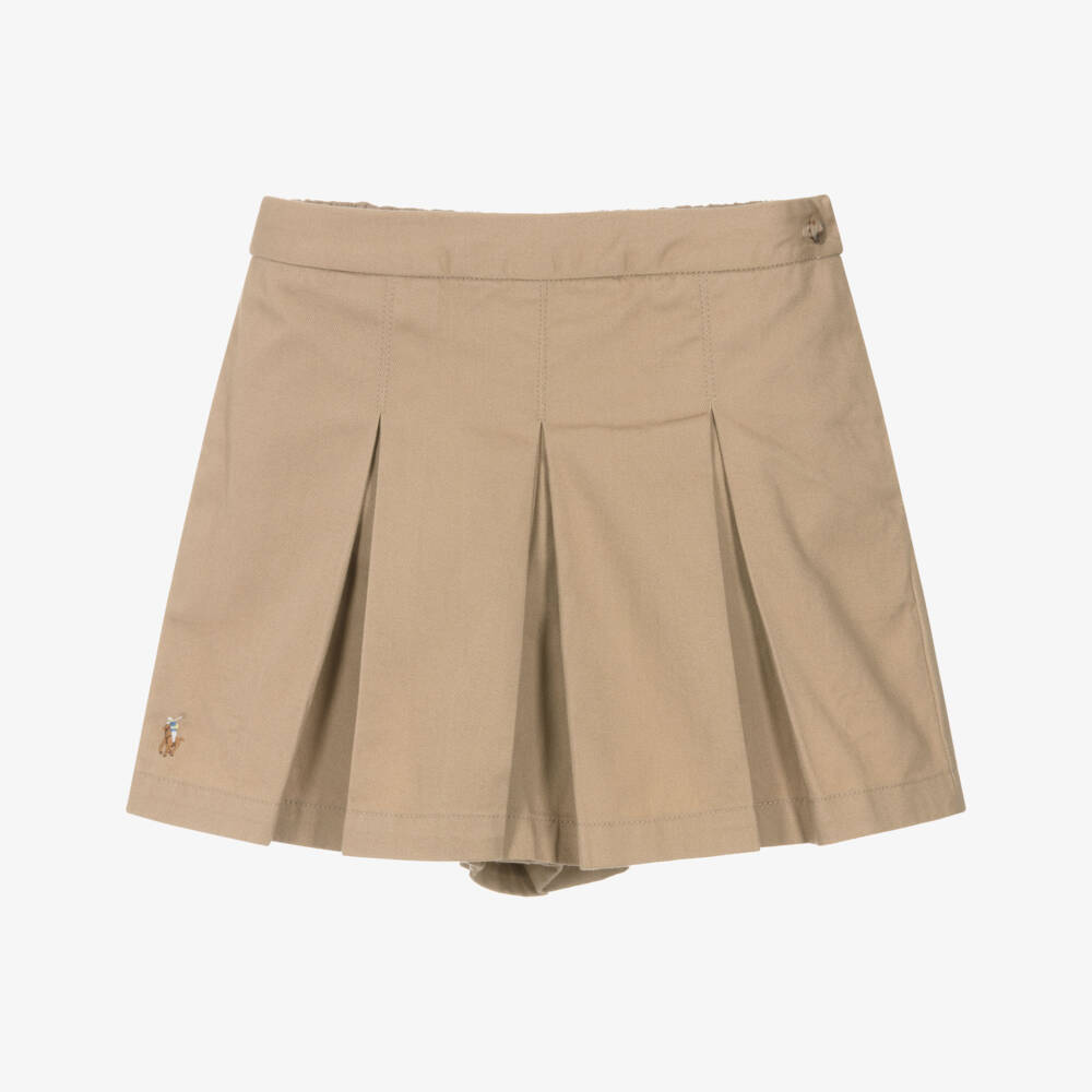 Ralph Lauren-Girls Beige Cotton Box Pleated Shorts | Childrensalon Outlet