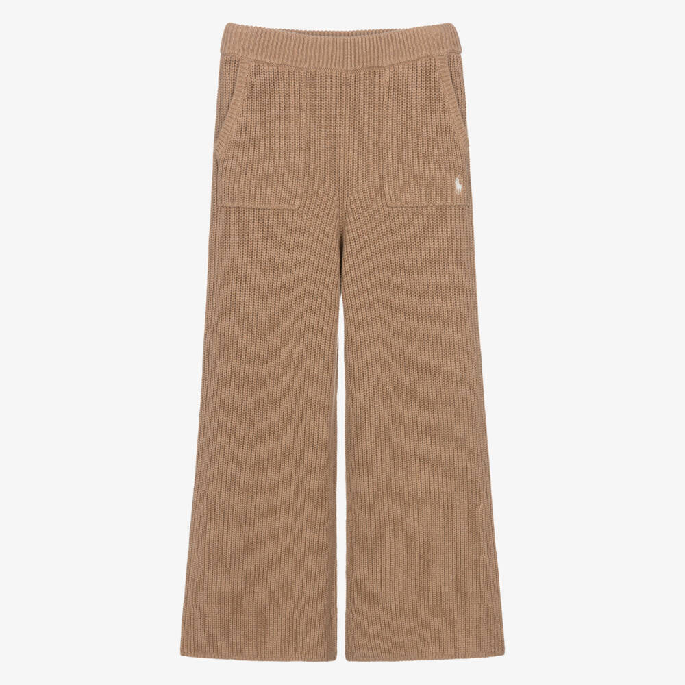 Ralph Lauren-Girls Beige Cotton Knit Wide-Leg Trousers | Childrensalon Outlet