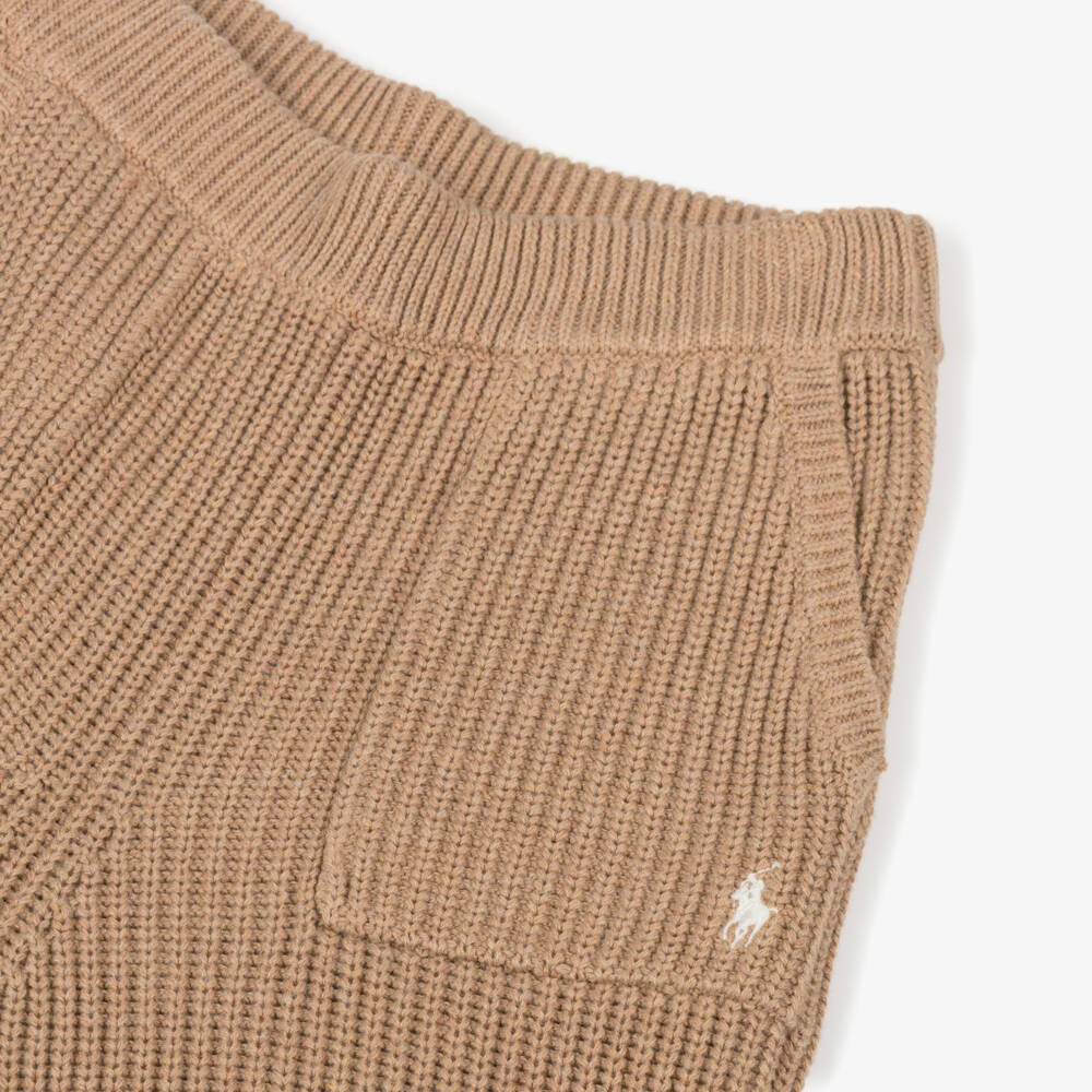 Ralph Lauren-Girls Beige Cotton Knit Wide-Leg Trousers | Childrensalon Outlet