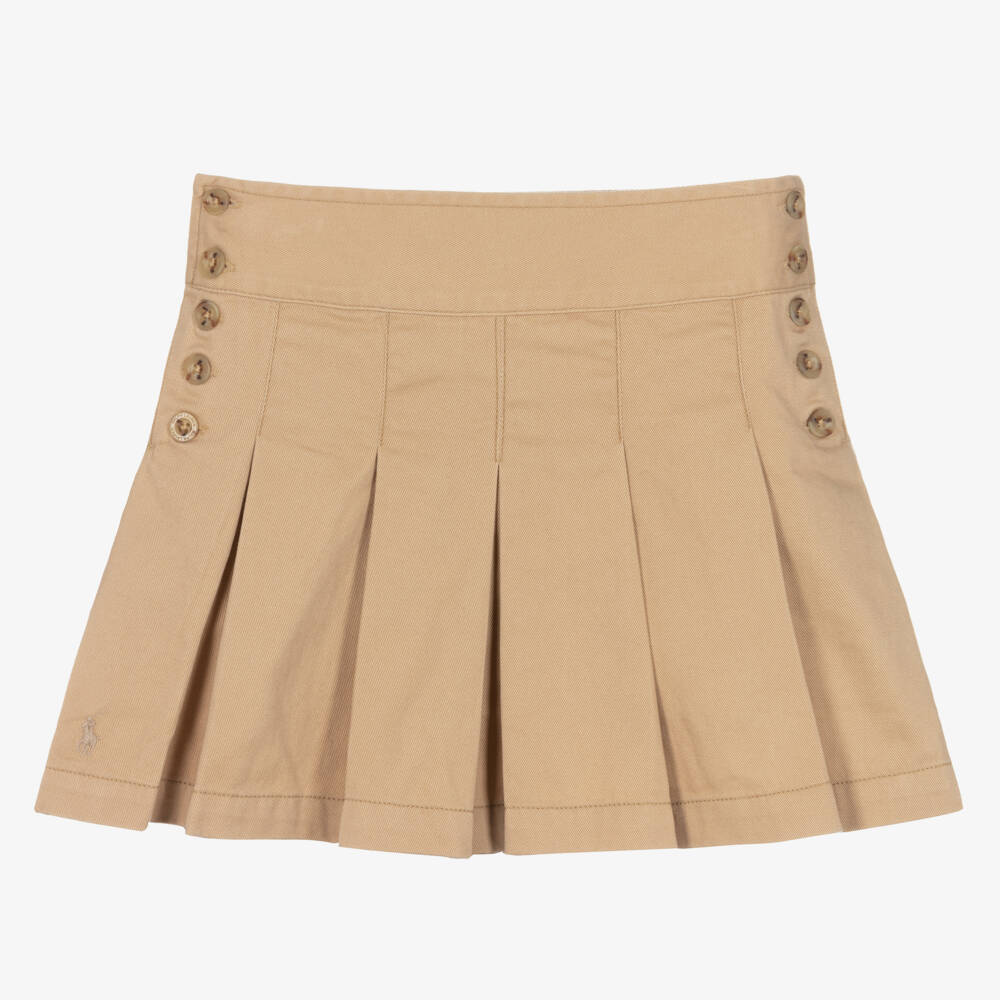 Ralph Lauren-Girls Beige Cotton Twill Pleated Skirt | Childrensalon Outlet