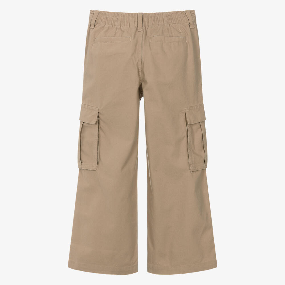 Ralph Lauren-Girls Beige Cotton Wide Leg Cargo Trousers | Childrensalon Outlet