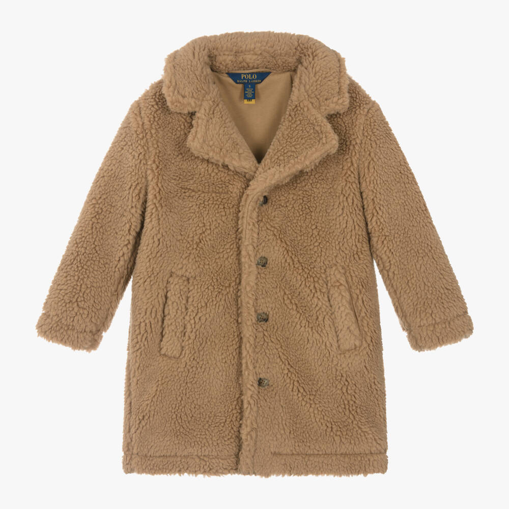 Ralph Lauren-Girls Beige Fleece Button Coat | Childrensalon Outlet
