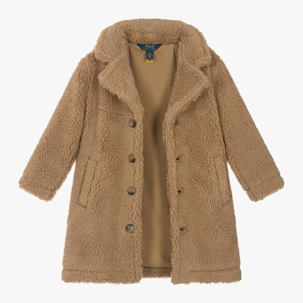 Ralph Lauren-Girls Beige Fleece Button Coat | Childrensalon Outlet