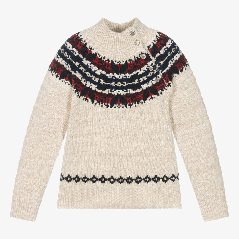 Ralph Lauren - Girls Beige Knitted Fair Isle Sweater | Childrensalon