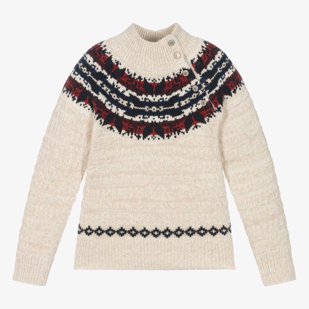 Ralph Lauren - Pull beige à motif jacquard fille | Childrensalon