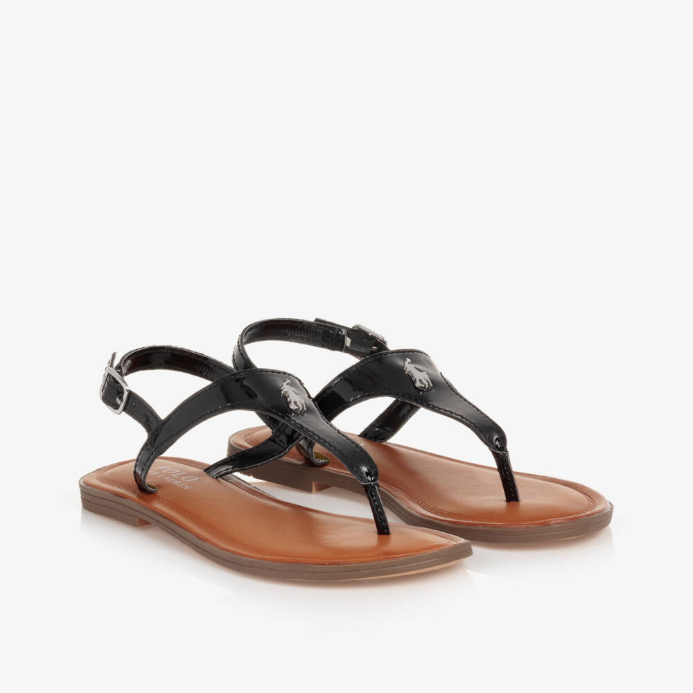 Ralph Lauren-Girls Black Faux Leather Logo Sandals | Childrensalon Outlet