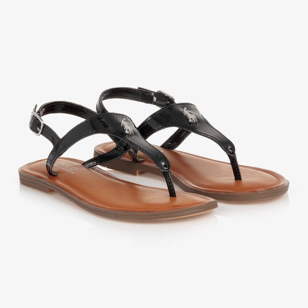 Ralph Lauren - Girls Black Faux Leather Logo Sandals | Childrensalon