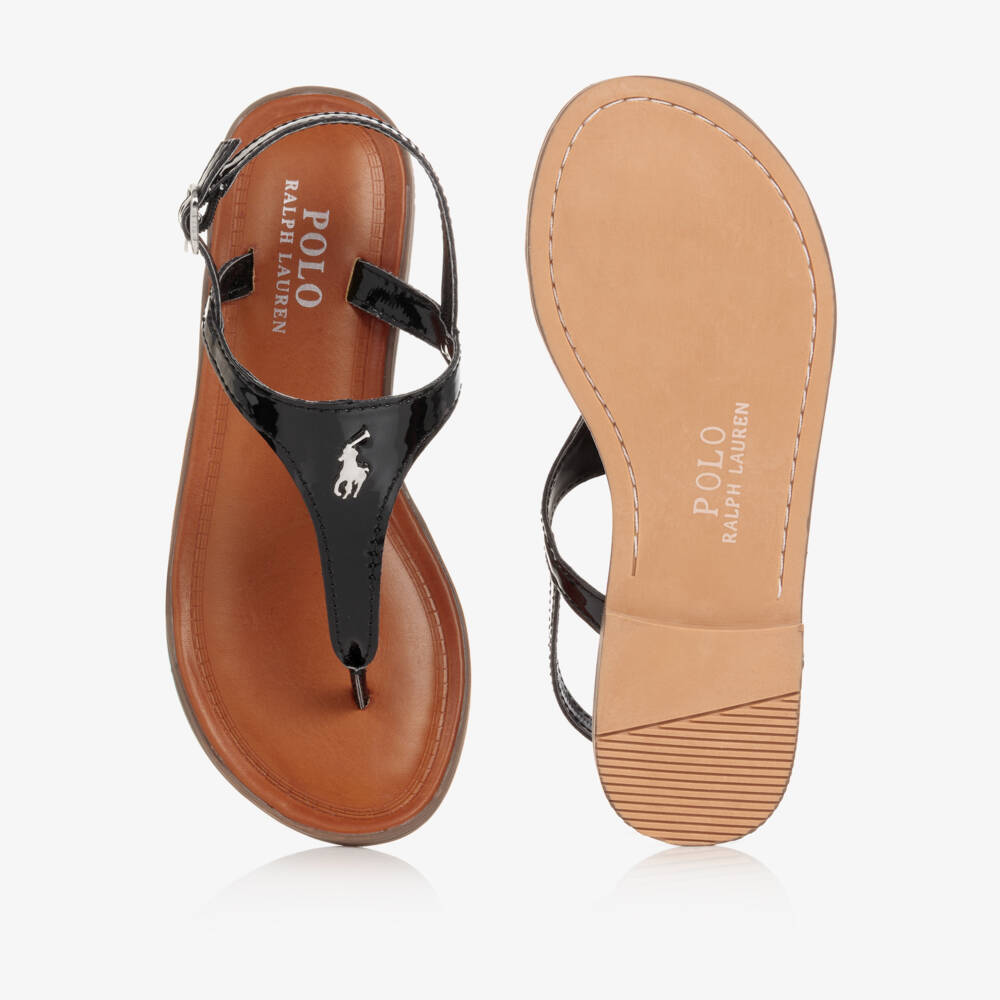 Ralph Lauren-صندل جلد صناعي لامع لون أسود للبنات | Childrensalon Outlet