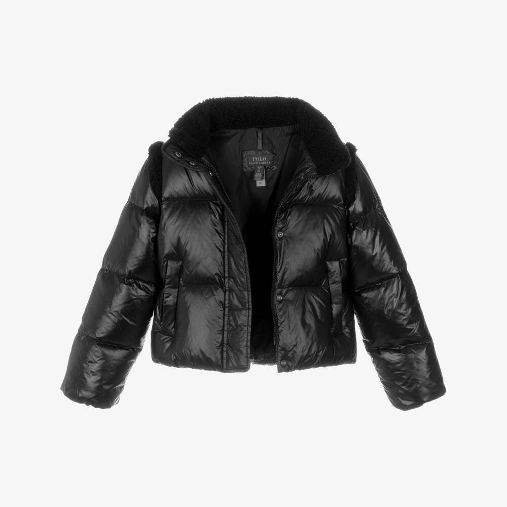 Ralph Lauren-Girls Black Gloss Puffer Jacket with Sherpa Trims | Childrensalon Outlet