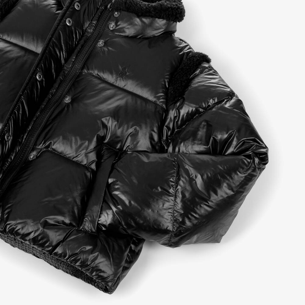 Ralph Lauren-Girls Black Gloss Puffer Jacket with Sherpa Trims | Childrensalon Outlet