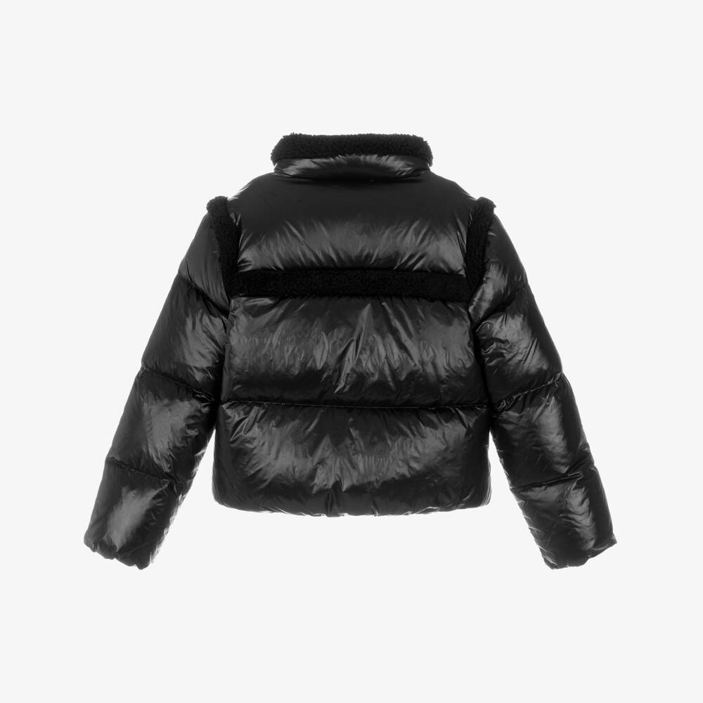 Ralph Lauren-Girls Black Gloss Puffer Jacket with Sherpa Trims | Childrensalon Outlet