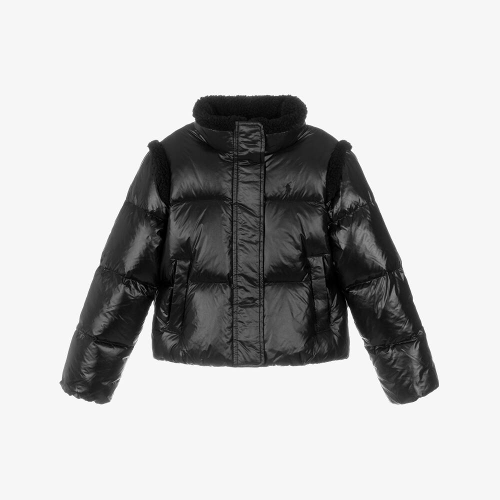 Ralph Lauren-Girls Black Gloss Puffer Jacket with Sherpa Trims | Childrensalon Outlet