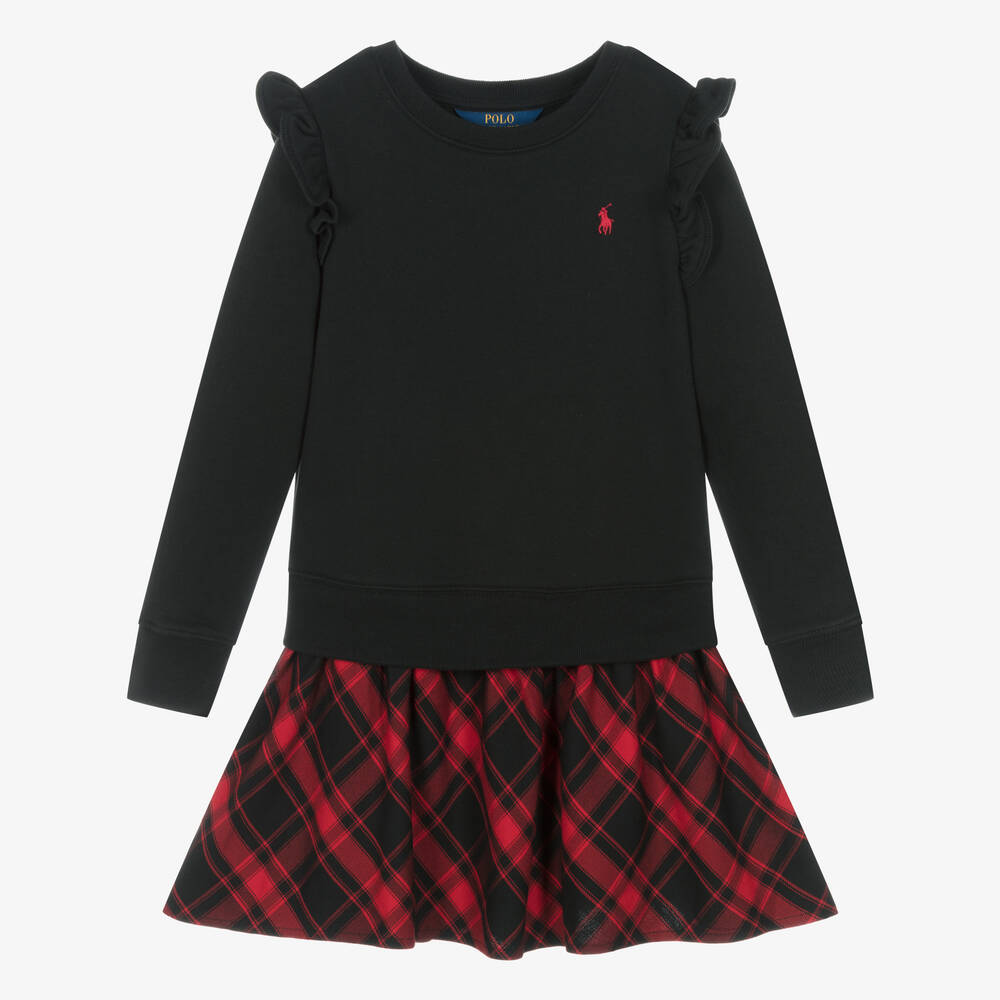 Ralph Lauren - فستان قطن جيرسي تارتان لون أسود وأحمر | Childrensalon
