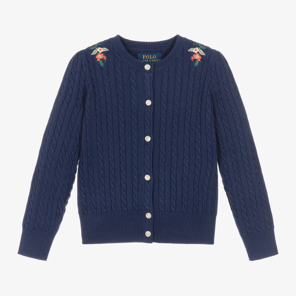 Ralph Lauren - Girls Blue Cable Knit Cardigan | Childrensalon