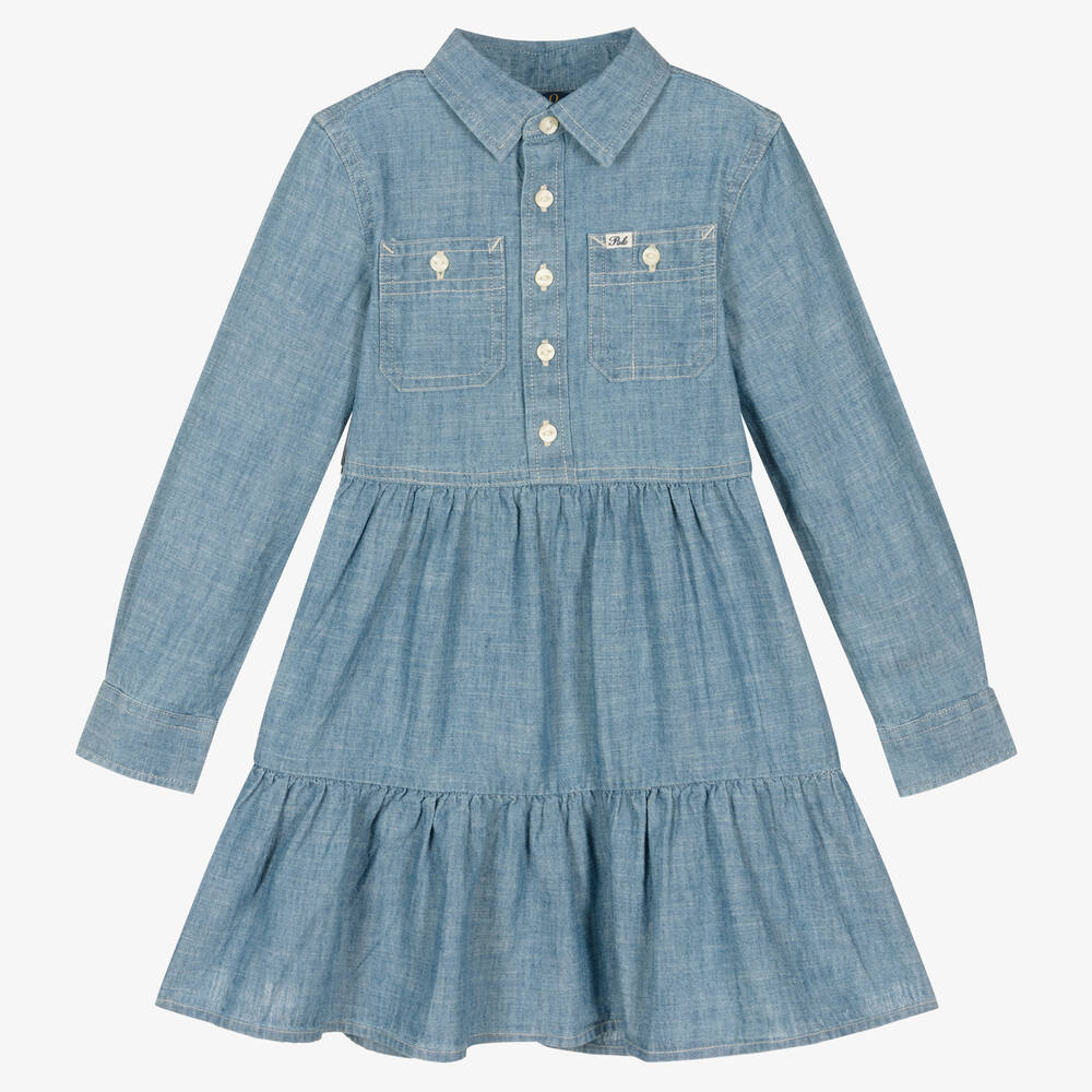 Polo Ralph Lauren - فستان قطن شامبري لون أزرق فاتح | Childrensalon