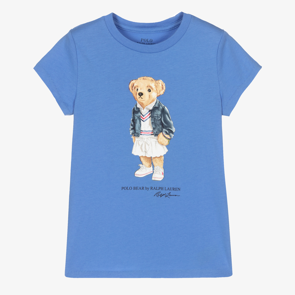 Polo Ralph Lauren - Girls Blue Cotton Bear T-Shirt | Childrensalon
