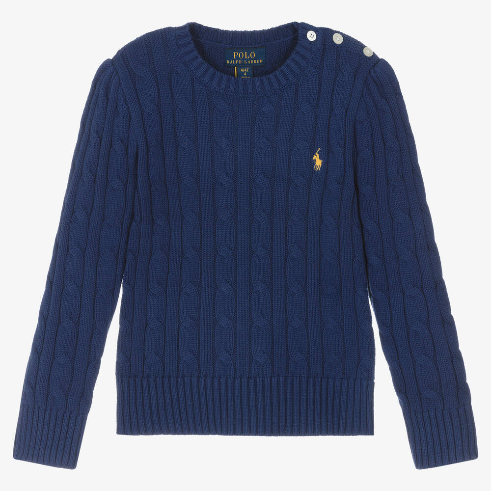 Ralph Lauren - Girls Blue Cotton Cable Knit Sweater | Childrensalon