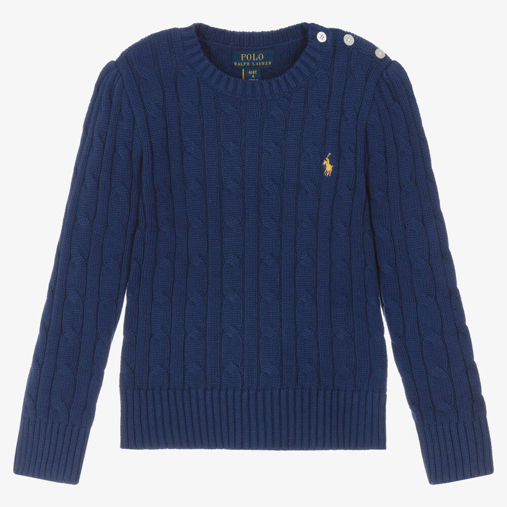 Ralph Lauren - Pull bleu torsadé en coton fille | Childrensalon