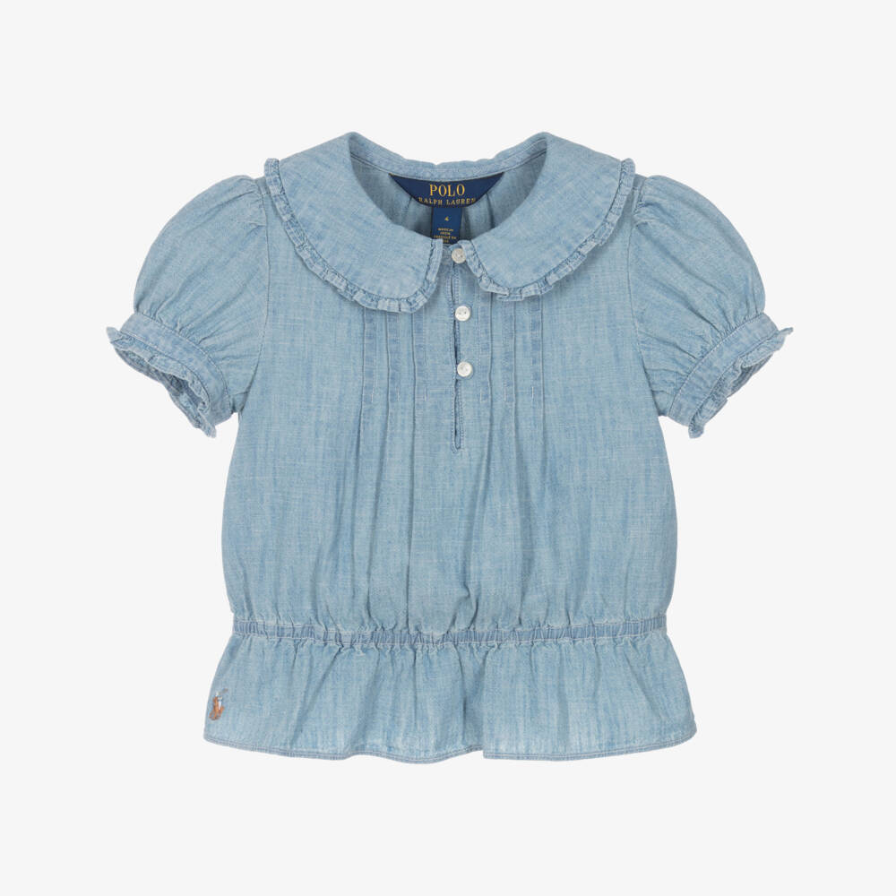 Ralph Lauren-Girls Blue Cotton Chambray Peplum Blouse | Childrensalon Outlet
