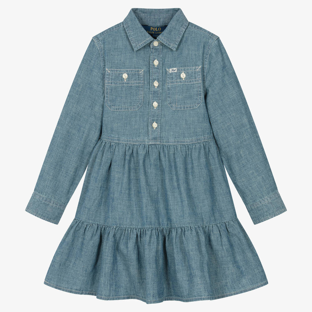 Ralph Lauren - Girls Blue Cotton Chambray Shirt Dress | Childrensalon