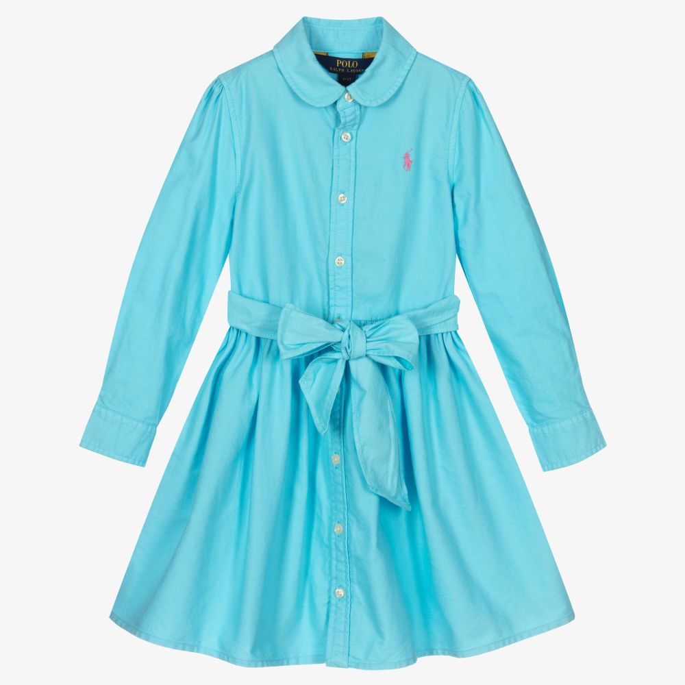 Ralph Lauren - Girls Blue Cotton Dress | Childrensalon