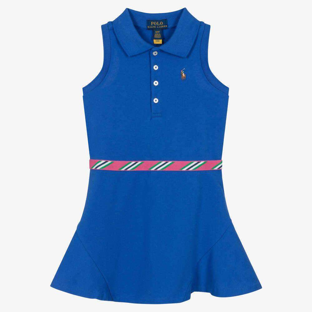 Ralph Lauren - Girls Blue Cotton Piqué Polo Dress | Childrensalon