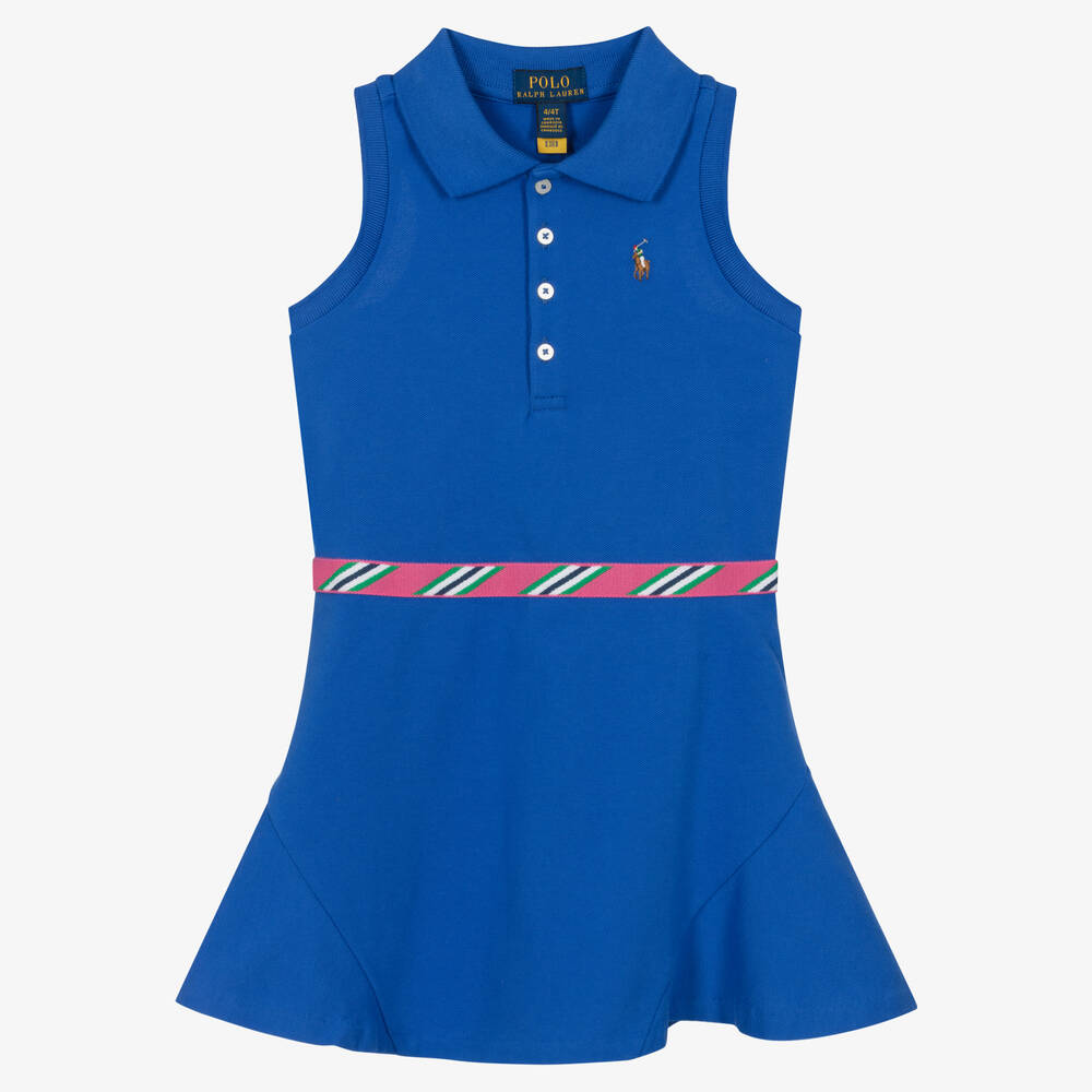 Girls Blue Cotton Piqu Polo Dress