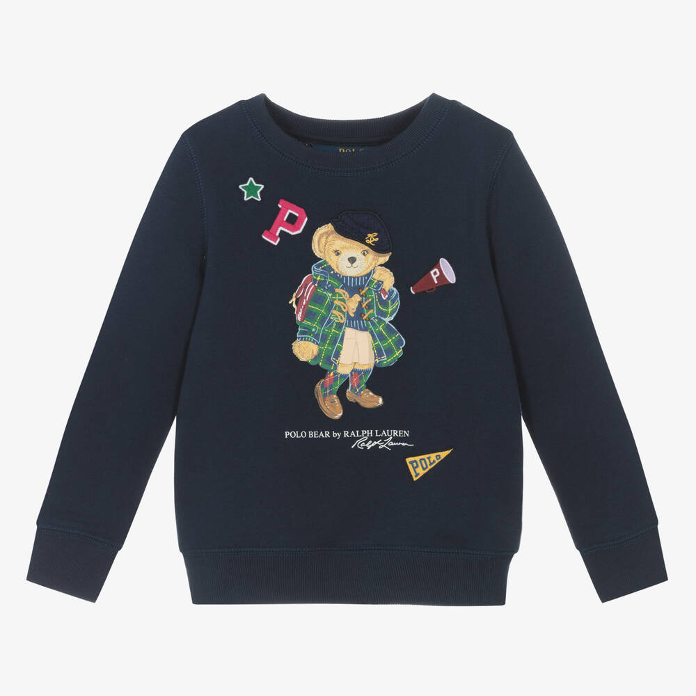 Ralph Lauren - Girls Blue Cotton Polo Bear Sweatshirt | Childrensalon