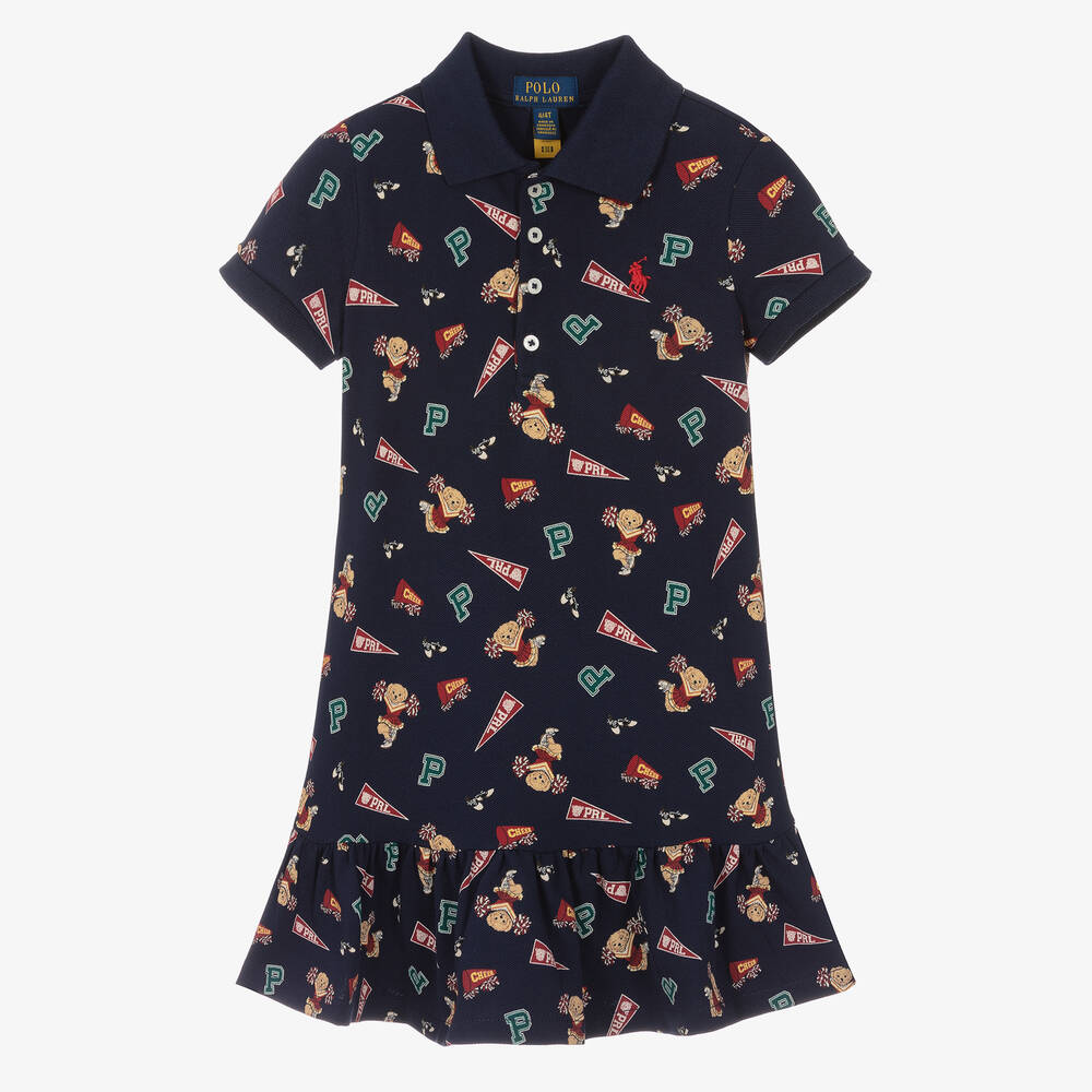 Ralph Lauren - Girls Blue Cotton Polo Dress | Childrensalon