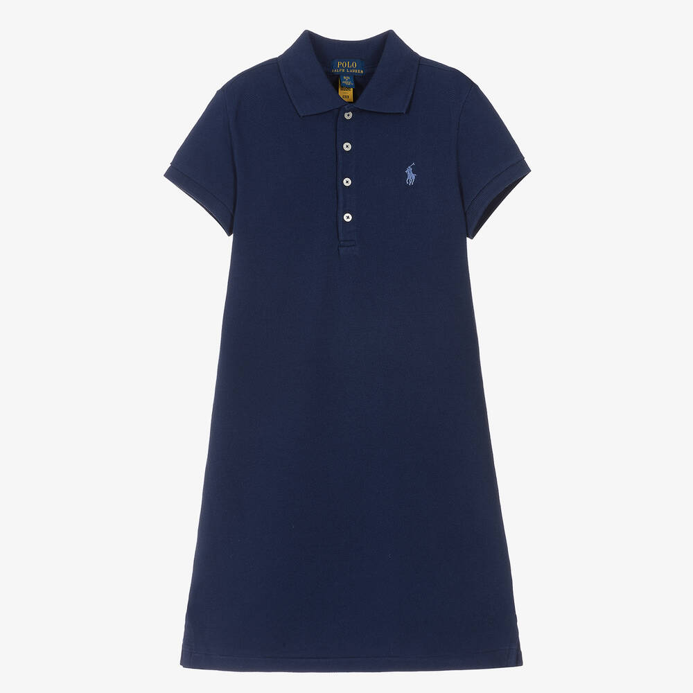Ralph Lauren - فستان قميص بولو قطن بيكيه لون كحلي | Childrensalon