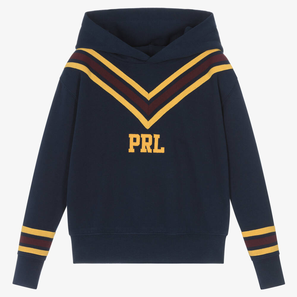 Ralph Lauren - Girls Blue Cotton Stripe Varsity Hoodie | Childrensalon