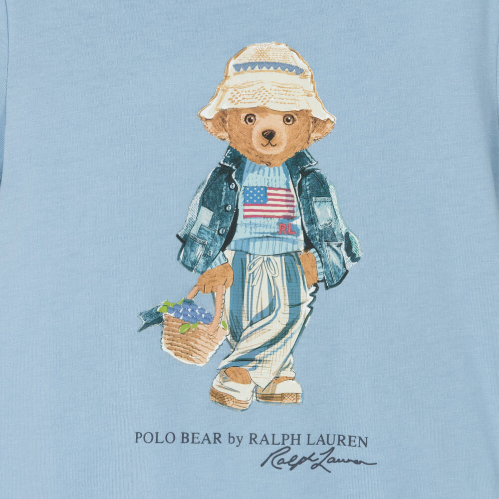 Ralph Lauren-Girls Blue Cotton T-Shirt with Polo Bear Motif | Childrensalon Outlet