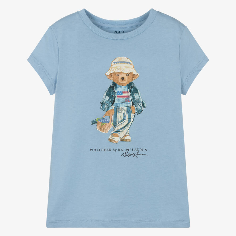 Ralph Lauren-Girls Blue Cotton T-Shirt with Polo Bear Motif | Childrensalon Outlet